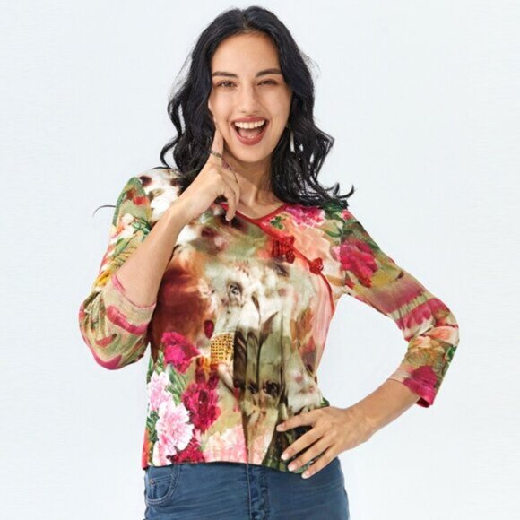 Vintage Tops - Floral Chinese Tang Style Blouse Y2K Asian Top Frog Button Neckline 34 Sleeves